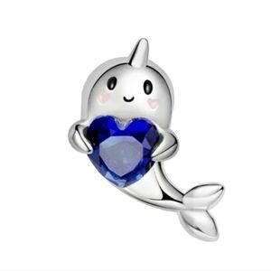 Kawaii Narwhal Bracelet Charm 925 Sterling Silver Dangle Blue Heart Jewelry Gift